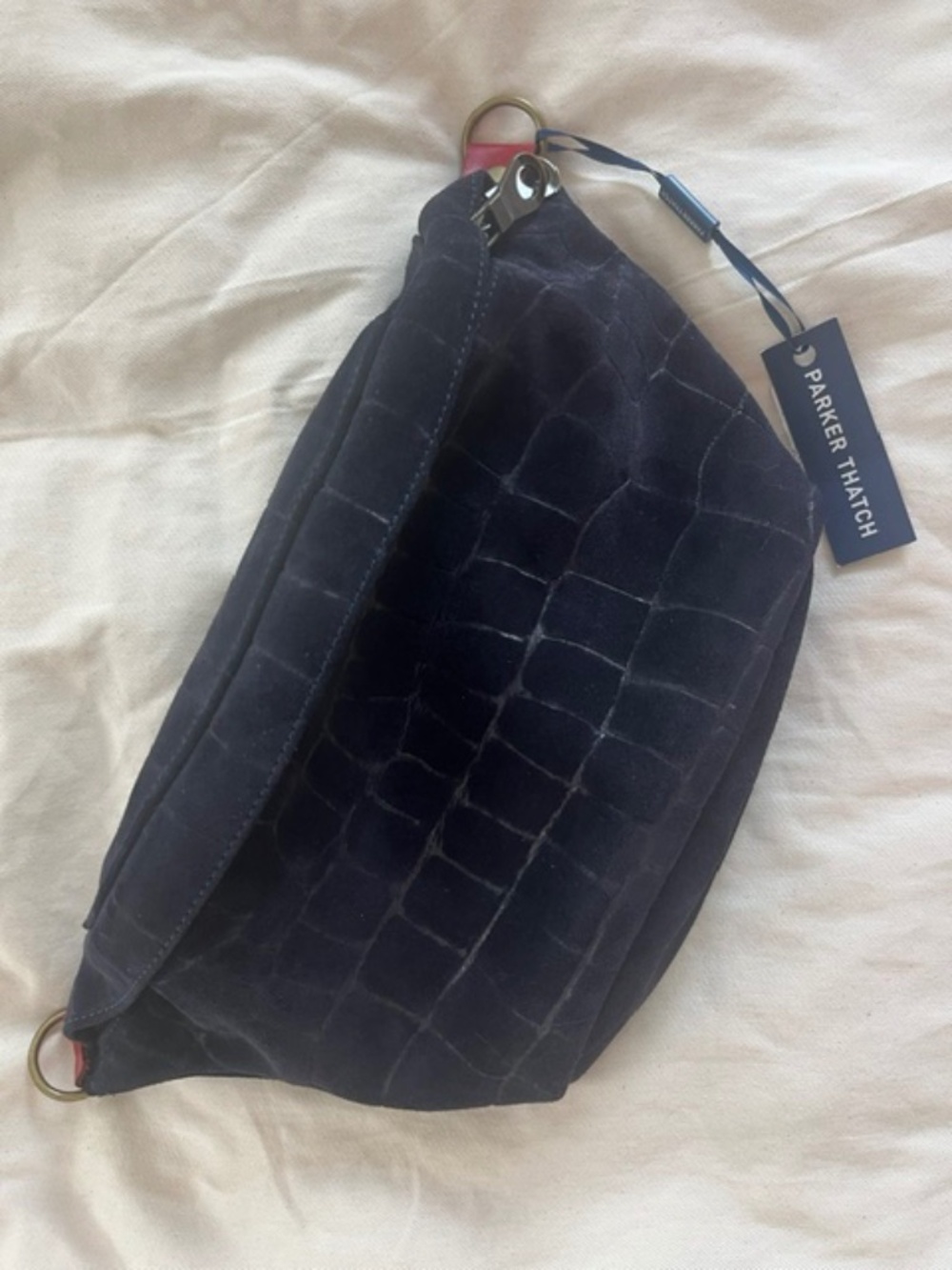 Parker Thatch Sidekick Sling Navy Croco Embossed Suede NWT